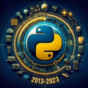the-sum.com-Graphic showing Python's influence in technology from 2013 to 2023 with coding symbols and futuristic imagery